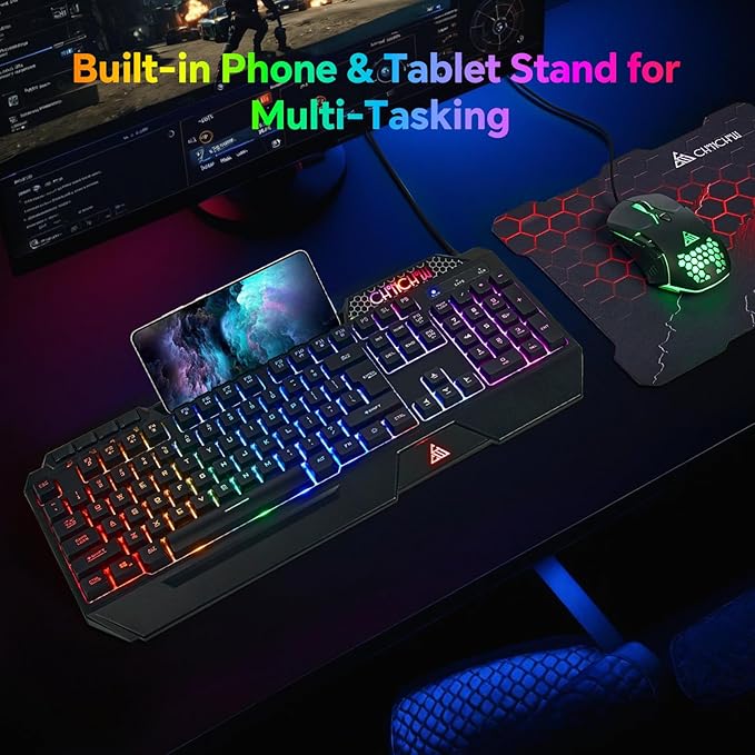 CHONCHOW Gaming Keyboard and Mouse Combo, USB Wired RGB Backlit Anti-Ghosting Silent Keyboard with Ergonomic Wrist Rest & Phone Holder, 7D 7200DPI Gaming Mouse for PC Gamer Xbox PS4 PS5 (RGB-Black)