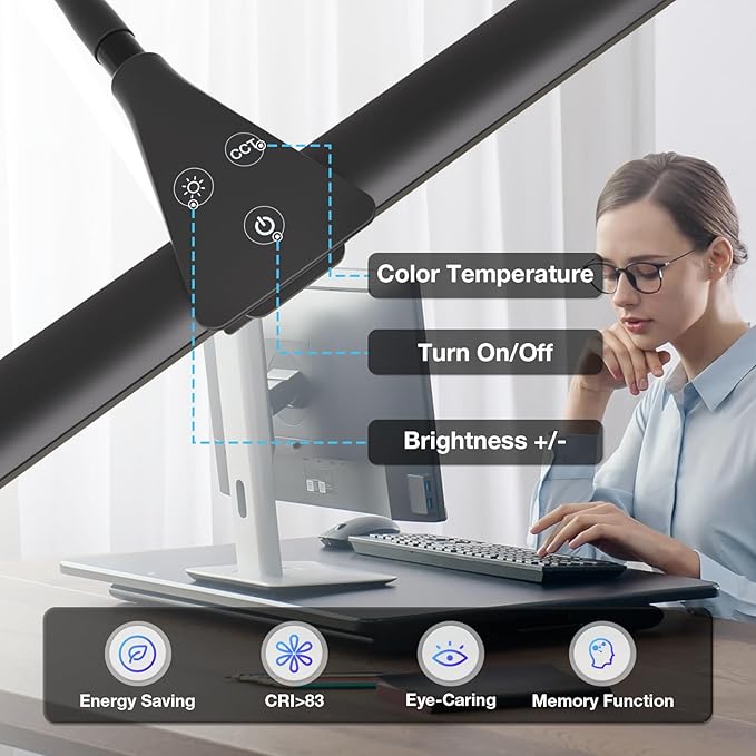 Double Head Clip On Desk Lamp, 1400lm Dimmable Gooseneck Architect Lamp with 5 Color Modes, Eye-Caring Task Light for Home Office,Workbench,Study, Black