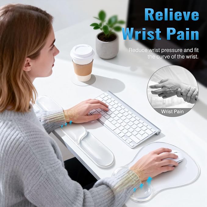 Ospelelf Mouse Pad with Wrist Rest Set Gel Ergonomic Keyboard Wrist Support Anti-Slip Rubber Bottom Office Women Desk Accessories for Computer, Laptop and Gaming, Clear
