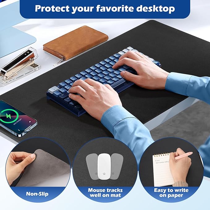 Wireless Charging Desk Mat with Desk Pad for Desktop Charging Large Mouse Pad Waterproof Leather Computer Mat Mouse Pad Non-Slip Protector on Top of Desks for Keyboard and Mouse (black-l, 36*17inch)