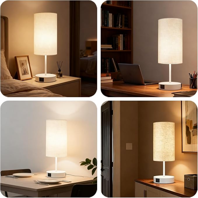 HiBay 17.75” Touch Table Lamp with Charging Station, 3-Way Dimmable 800LM Bedside Lamps with USB-A/USB-C Ports & AC Outlet, Modern White LED Nightstand Light with Beige Linen Shade for Bedroom Office