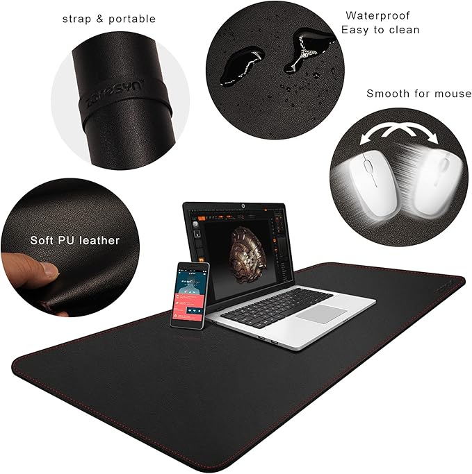 ZORESYN PU Leather Desk Pad (55.1"x15.8") - Waterproof Office Desk Mat for Keyboard and Mouse - Black Extended Mouse Pad with Nonslip Base