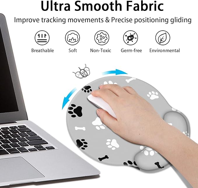 Britimes Ergonomic Mouse Pad Set with Wrist Rest Gray Paw Print Non-Slip Rubber Base Wrist Cushion Support and Coasters Mousepad with Wrist Support for Computer Keyboard and Desk