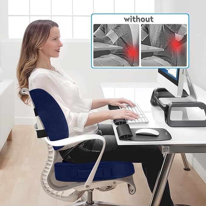 CloudBliss Seat Cushion, Office Chair Cushion, Car Seat Cushion, Lumbar Support Pillow for Office Chair, Back Support Memory Foam Pillow Coccyx Cushion for Tailbone & Coccyx Support, Blue, X-Large