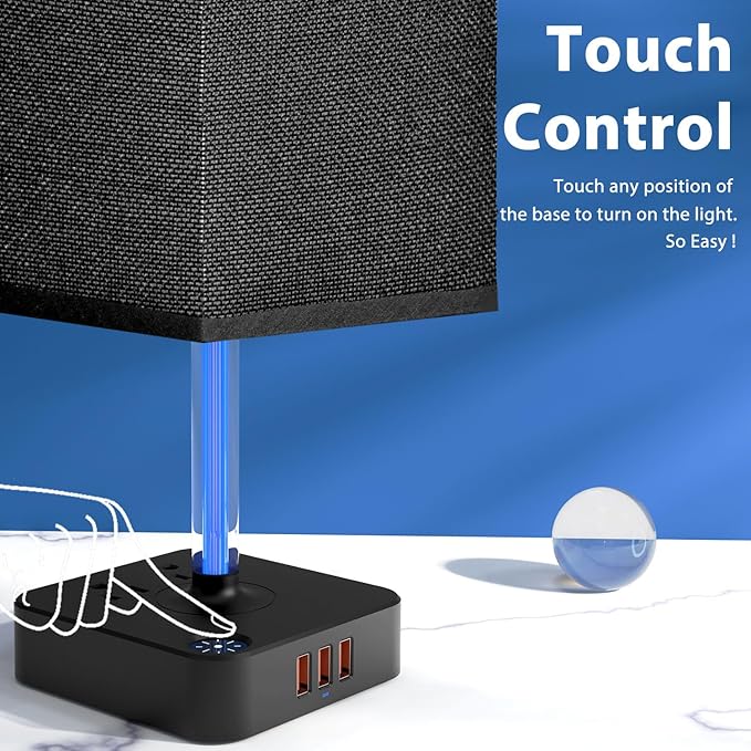 Bedside Table Lamp - Touch 3 Way Dimmable Lamp with 3 USB Charging Ports & 2 AC Outlets, Square Base Rectangular Flaxen Shade, Bedroom, Office, Dorm, Decor, LED Bulb Included (Black-Black)