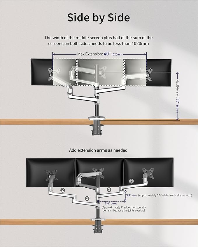 Heavy Duty Triple Monitor Mount, Mechanical Spring 3 Monitor Arm for Ultrawide & Curved Screens, Fits Three 13-40 Inch Displays up to 25 lbs Per Arm, Premium Aluminum VESA Stand, Silver