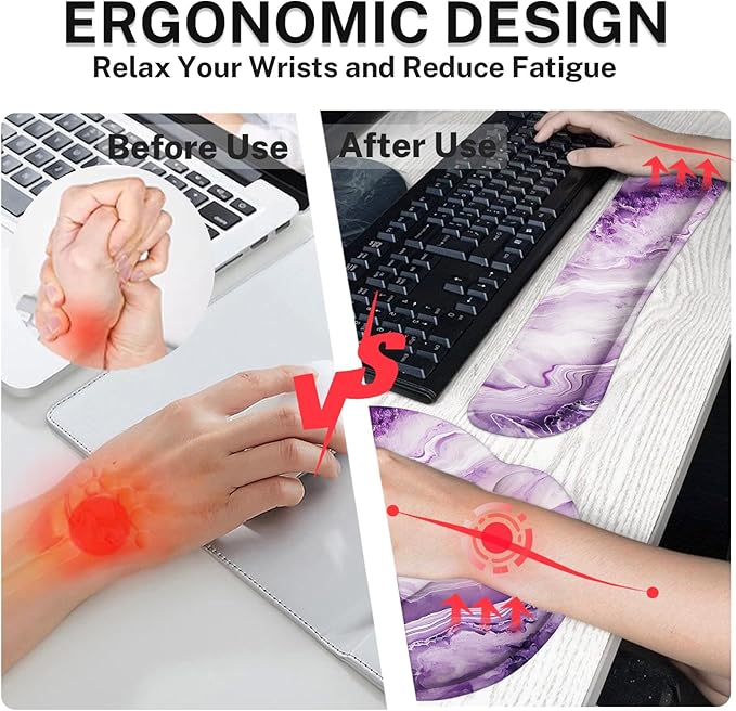 Britimes Purple Marble Gold Ergonomic Mouse Pad Set with Wrist Rest Non-Slip Rubber Base Wrist Cushion Support and Coasters Mousepad with Wrist Support for Computer Keyboard and Desk