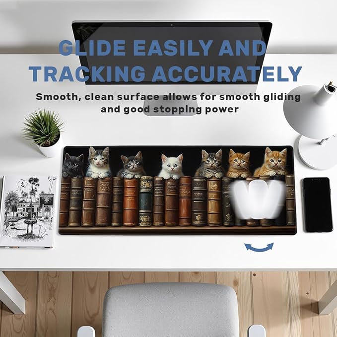 Library Cat Gaming Mouse Pad Large Desk Mat Vintage Bookshelf Kitten Mousepad Computer Keyboard Pad Mouse Mat Laptop Mat 31.5 x 11.8 Mouse Pads for Desk Home Office Gaming