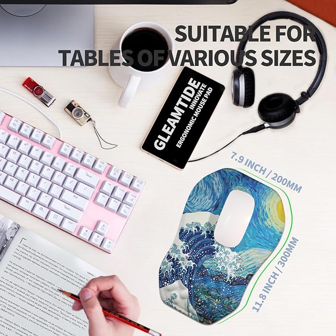 Ergonomic Raised Mouse Pad Wrist Support with Bilateral Slope Memory Foam Mousepad for Wrist Rest and Carpal Tunnel 11.8x7.9〃Starry Night Waves