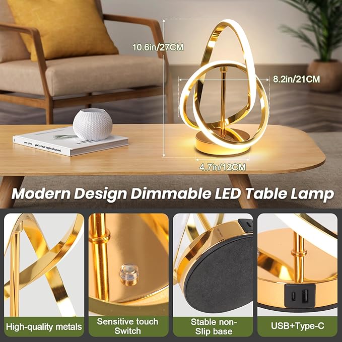 Modern LED Table Lamps, LED Spiral Table Lamp, 3 Color Dimmable Bedside Lamp, Touch Control Nightstand Lamp with USB/Type C for Bedroom, Small Gold Table Lamp for Home Decor Living Room Bedroom Office