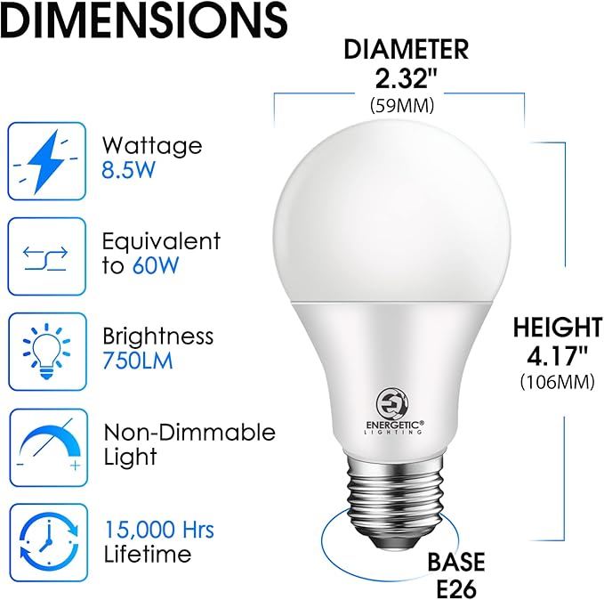 Energetic 60W Equivalent, A19 LED Light Bulb, 5000K Daylight, E26 Medium Base, Non-Dimmable LED Light Bulb, 8W 760lm, ETL Listed 4 Pack