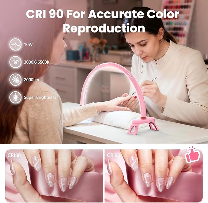 Yokilly Arc Half Moon Light: 16" Half Moon Light with Foldable Bracket for Desk Salon Table Use - No Flicker & Shadow-Free Desk Lamp with Stepless Brightness 3000-6500K for Manicurist Nail Tech