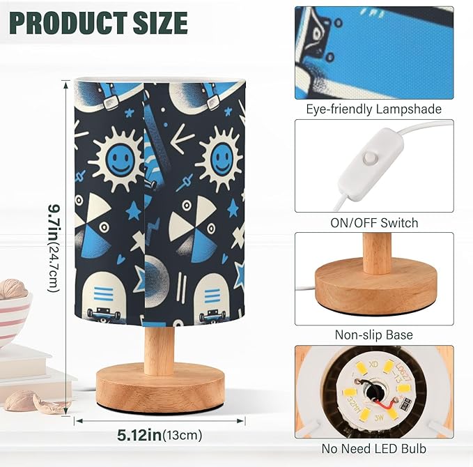 Skateboard LED Table Lamp, Bedside Lamp with Linen Lampshade, Flicker-Free Eye Care USB Plug in Nightstand Lamp, for Bedroom and Office