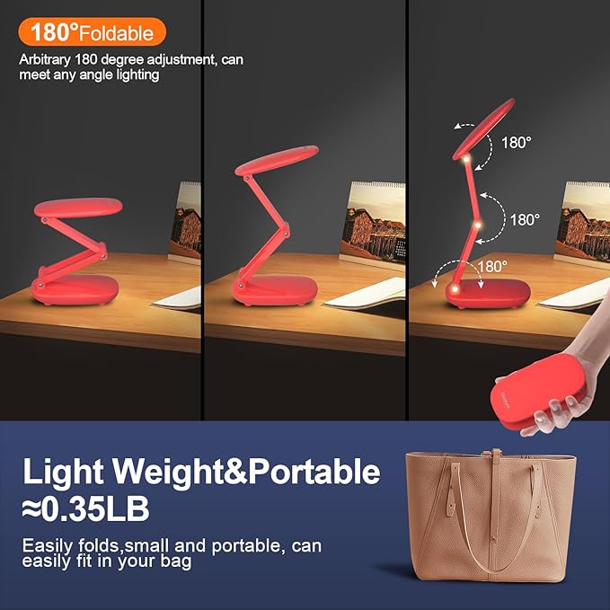LED Desk Lamp for Office Home & Battery Operated Lamp Rechargeable Lamp Foldable & Portable Light, [2-Fold Bracket] 3 Brightness Dimmable Small Desk Lamp Wireless Reading Lamp (Bright Pink)