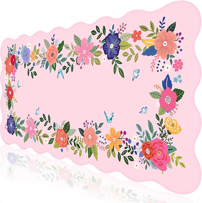 L-SPOUTTO Pink Mouse Pad,Floral Desk Mat XXL Large Scalloped Gaming Mousepad,35.4x15.7in Non-Slip Rubber Base Keyboard Pad Waterproof Girly Desktop Mat for Laptop Computer Game Home Office-Pink Floral