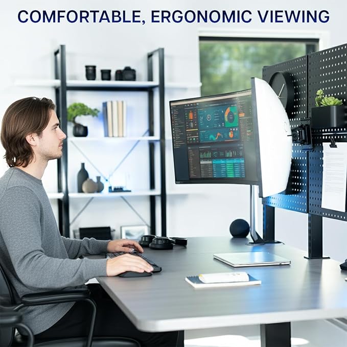 VIVO Articulating Ultrawide Monitor Pegboard Mount, Fits Screens up to 49 inches and Peg Boards up to 0.25 inches Thick with 1 inch Hole Spacing, Black, MOUNT-PB1U