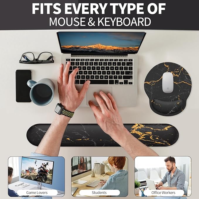 eulps Mouse Pad Wrist Support, Ergonomic Memory Foam Keyboard Wrist Pad & Gel Wrist Rest Set for Computer Keyboard for Easy Typing for Office & Home (Black Marble Set)