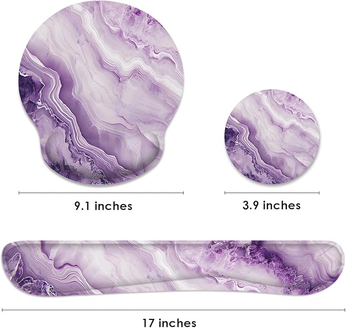 Britimes Purple Marble Gold Ergonomic Mouse Pad Set with Wrist Rest Non-Slip Rubber Base Wrist Cushion Support and Coasters Mousepad with Wrist Support for Computer Keyboard and Desk