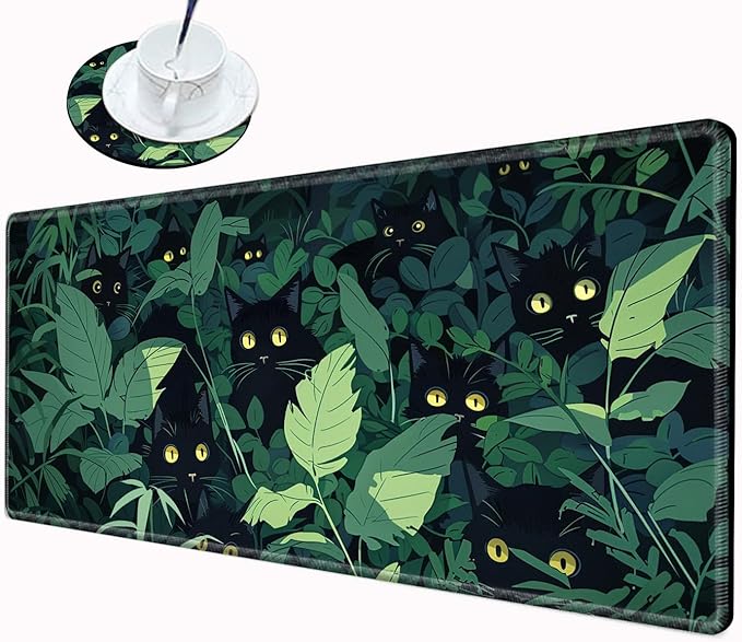 Gaming Mouse Pad Black Cute Cat Desk Mat Large Mousepad 31.5''X15.75'' Desk Pad XXL Computer Mat Big Non-Slip Mouse Mat for Women Office Work Home