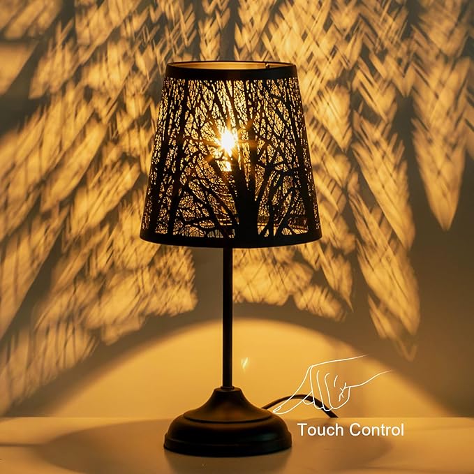 Touch Control Table Lamp, Black Metal Tree Pattern Shadow Lamp Lights Mini Lamps with dimmable 3-Levels Brightness Vintage Accent Decor Lamp Indoor Mood Lighting Bedroom Living Room (Black)