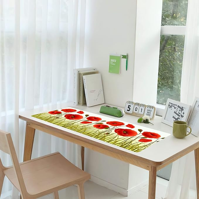 Poppy Gaming Desk Mat Large,Red Poppy Floarl Ladybug Extended Mousepad,Non-Slip Rubber Mouse Pad Stitched Edges,Desktop Decorative Accessories for Home Office 31.5" x 15.7"