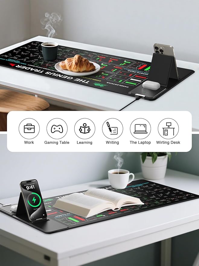 Mouse Pad with Foldable Phone Holder, Wireless Charging Desk Mat for Stock Enthusiast, 31.5"x15.8" Large Mousepad with Financial Trading Guides Printed, XXL Desk Pad Non-Slip, Waterproof Keyboard Pad