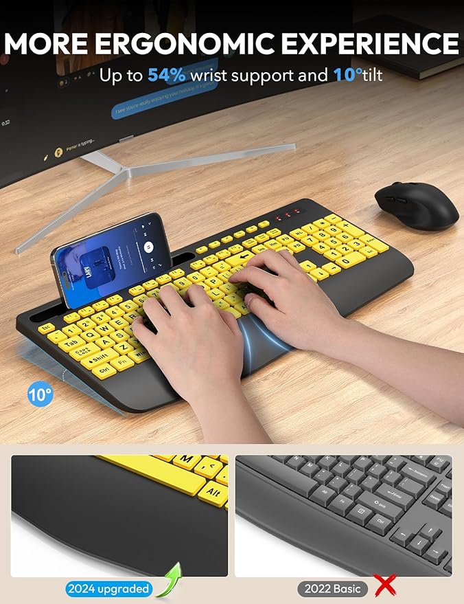 SABLUTE Wireless Keyboard and Mouse, Wrist Rest, Large Print, Phone Holder, 2.4G Ergonomic Keyboards Mouse Combo, KM23D Silent High Contrast Set for Low Vision and the Elderly, Battery Powered