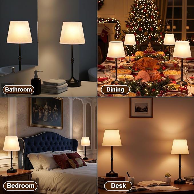 2 Pack Rechargeable Cordless Table Lamp, 5000mAh Battery Operated Lamps, Wireless 3-Level Dimmable Touch Lamp, Portable Night Bedside Brass Lamp, Desk Light for Patio Restaurant Dinnin (Black)