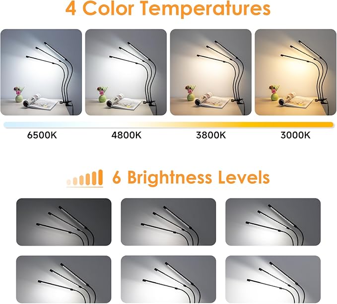ShineTech LED Desk Lamp with Clamp, 3-Head Adjustable Gooseneck Task Lamps, Eye-Caring Stepless Dimming, 4 Color Modes, Memory & Auto-Off Timer, Clip On Desk Light for Home Office, Study, Reading