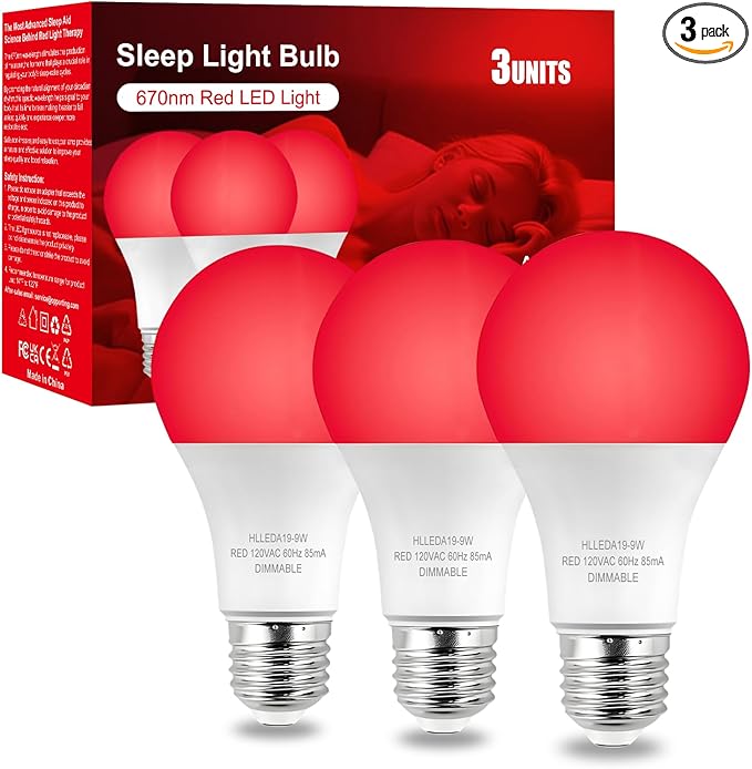 Verbeeck 670nm Red Light Bulb,9W E26 A19 Red Light Sleep Therapy Bulb,Dimmable,Melatonin Promoting,Healthy Sleep Light,Night Light for Bedroom,Baby Nursery,Reading,3 Pack