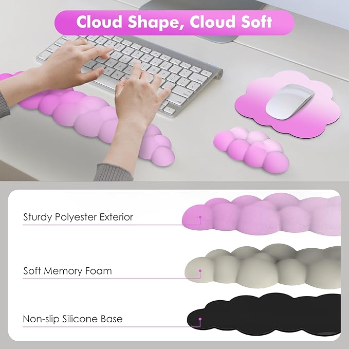 MoKo Cloud Wrist Rest, Ergonomic Cloud Keyboard Wrist Rest with Mouse Rest Wrist Pad, Durable Polyester Cloud Arm Rest Wrist Pad for Keyboard and Mouse for Office, Gaming, Computer, Laptop, Pink