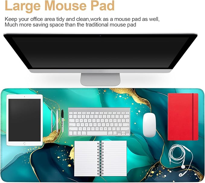 Large Mouse Pad & Keyboard Mat 35x16 Inches, Luxury Blue and Gold Gradient Fluid Art Non-Slip Rubber Base Desk Mat, Large Extended Desk Protector for Home Office Gaming Setup