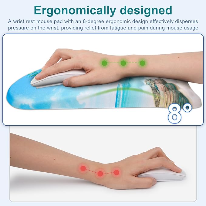 Ergonomic Wrist Mouse Pad with Massage Design, Wrist Rest Mousepad with Memory Foam Non-Slip PU Base, Mouse Pad with Wrist Support for Wireless Mouse & Desk, Y Summer Beach