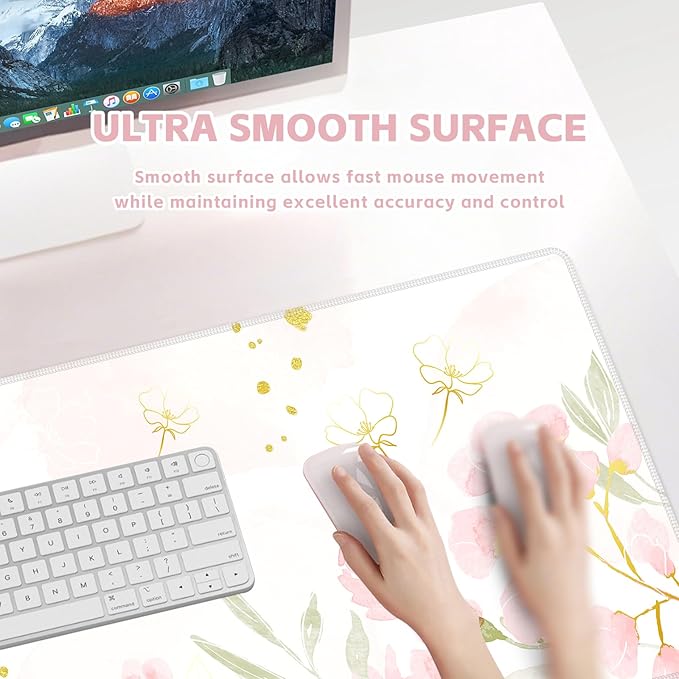 Baziabbo Pink Floral Desk Mat,XXL Extended Large Mouse Pad,Gaming Mousepad with Stitched Edge,Non-Slip Rubber Base Keyboard Desk Pad for Home Office Study Game