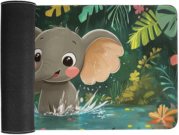 Large Ergonomic Gaming Mouse Pad Playful Baby Elephant - Fun Safari Animal Theme with Non-Slip Base Water-Resistant Surface and Stitched Edges 40X75cm