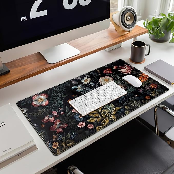 Floral Desk Mat Dark Vintage Aesthetic Desk Pad Flower Plant Black Extended Mouse Pad Large Gaming Mousepad XXL Laptop Computer Mouse Keyboard Mat 31.5 x 15.7 in for Office Desk Decor