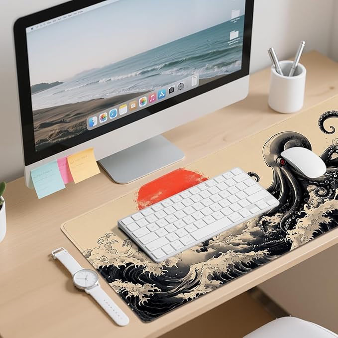 Octopus Gaming Mouse Pad Large Desk Mat Waves Japanese Ink Sea Monster Mousepad Computer Keyboard Pad Mouse Mat Laptop Mat 31.5 x 11.8 Mouse Pads for Desk Home Office Gaming