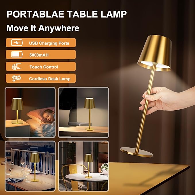 Gold Cordless Table Lamp Set of 2 - 8-20 Inches Adjustable Height, 5000mAh Rechargeable Battery LED Desk Lamp, 3 Color Stepless Dimmable, Portable Waterproof Metal Table Light for Indoor/Outdoor