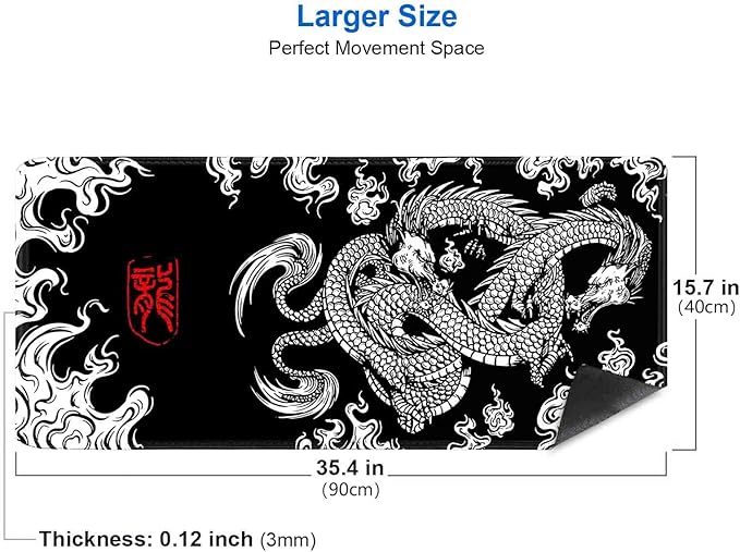 IMAYONDIA Large Gaming Mouse Pad (35.4x15.7 in), Big Extended Non-Slip Rubber Base Mousepad with Stitched Edges, Keyboard Mouse Mat Desk Pad for Work, Gamer, Office, Computer - Black and White Dragon