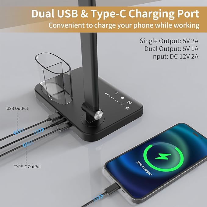 LED Desk Lamp, Dual Heads, Height Adjustable, USB Charging Port, 5 Light Modes & Dimmable Brightness, Bedside Lamp for Reading, Craft, Work, Study (Black, 15W)