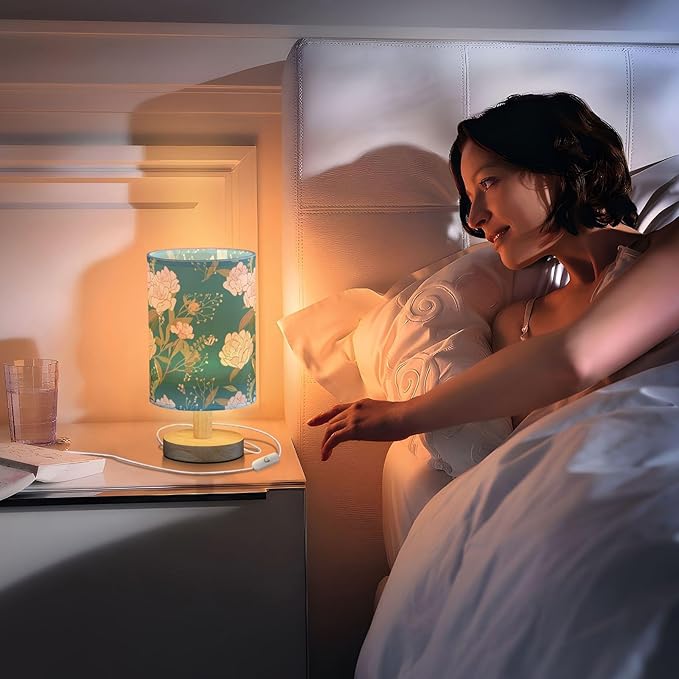 Teal Flora LED Table Lamp, Bedside Lamp with Linen Lampshade, Flicker-Free Eye Care USB Plug in Nightstand Lamp, for Bedroom and Office