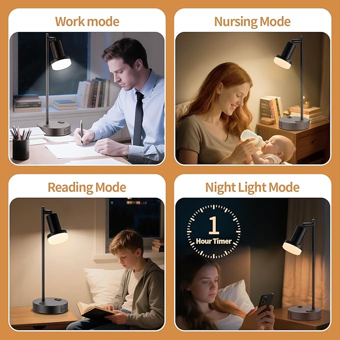 Industrial Table Lamp with Remote Control for Stepless Dimmer & Temperatures, Bedside Lamp with USB C+A Ports and AC Outlet, Flexible Head-Desk Lamp for Bedroom, Living Room, Office (Walnut)