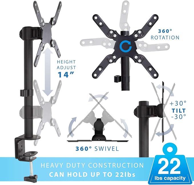 Mount-It! Ultra-Wide Single Monitor Arm Desk Mount, Height Adjustable Pole Stand for 13–42 Inch Screens up to 22 lbs, VESA 75x75 to 200x200, Clamp & Grommet