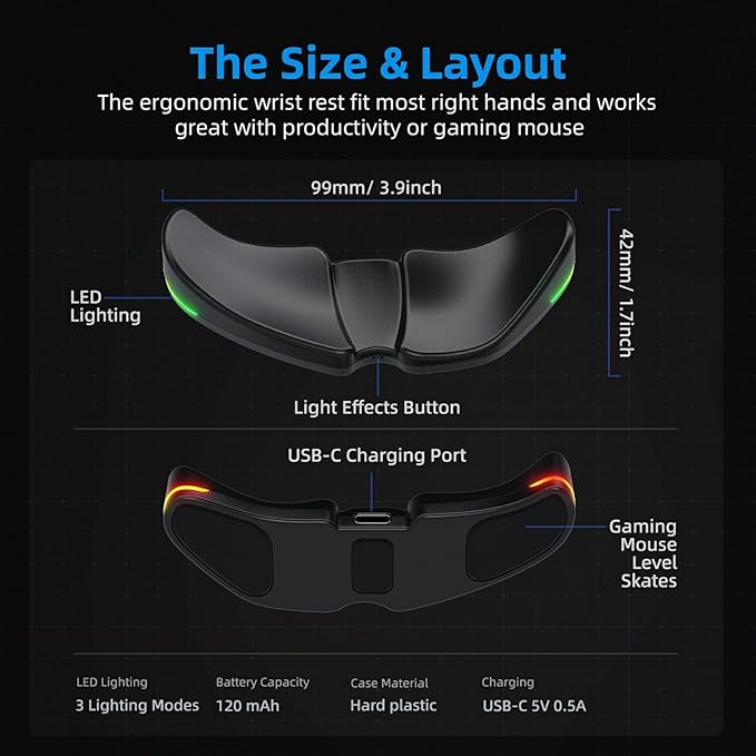HornsX1 Right-Handed RGB Ergonomic Gliding Palm Rest for Mouse, Wrist Rest Pad, 3 RGB Lighting Modes, Reduce Wrist Pain, Anti-Fatigue, for Gaming/Office Work Casual Use - Black2, 1 PCS