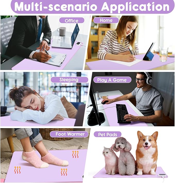 Konohan Heated Desk Pad Warm Mouse Pad, 5 Heating Level & 4 Hour Auto Shut-Off, PU Leather Warm Mouse Mat Heating Keyboard Gaming Mice Warmer Mat Only Supports 110v(Purple Color,23.6"x 14.2")
