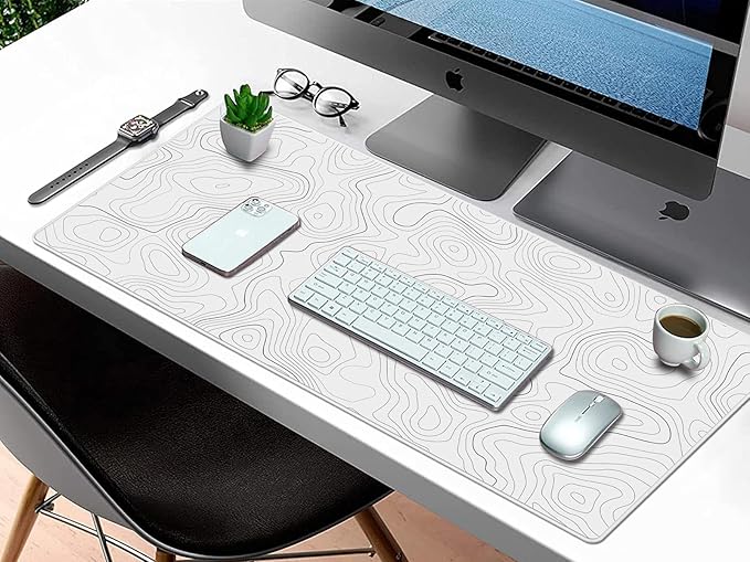 Extra Large Gaming Mouse Pad with White Topographic, XXL Mousepad, Big Mouse Mat Desk Pad, Non Slip Keyboard Pad for Gaming Computer Laptop PC Office Desk Accessories