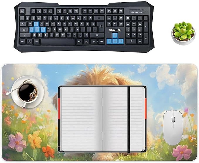 Large Ergonomic Gaming Mouse Pad Happy Puppy in Sunny Field - Lovable Dog Theme with Non-Slip Base Water-Resistant Surface and Stitched Edges 30x60cm
