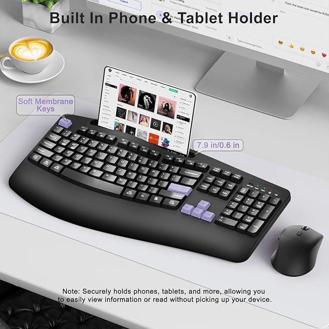 Wireless Keyboard and Mouse Combo, 2.4G Full Size Wave Keys Ergonomic Keyboard with Wrist Rest, Phone Holder, 3-Level DPI Wireless Silent Mouse with 6-Buttons, for Windows, Mac OS (Purple Black)