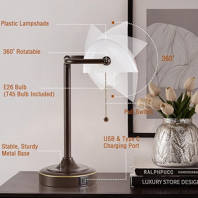 Vintage Desk Lamp Bankers Lamp - Plastic Lampshade Brown Retro Table Lamp with USB & Type C Charging Ports Traditional Library Lamp for Home Office Bedroom Nightstand Side Table Lamp(Bulb Included)