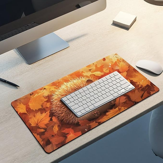 Large Ergonomic Gaming Mouse Pad Cozy Hedgehog in Autumn Leaves - Cute Forest Animal Theme with Non-Slip Base Water-Resistant Surface and Stitched Edges 30x60cm